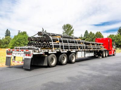 Long hauler big rig red semi truck tractor with grille guard and loaded by pipes flat bed semi trailer standing on the local road take a break for truck driver rest according to log book schedule