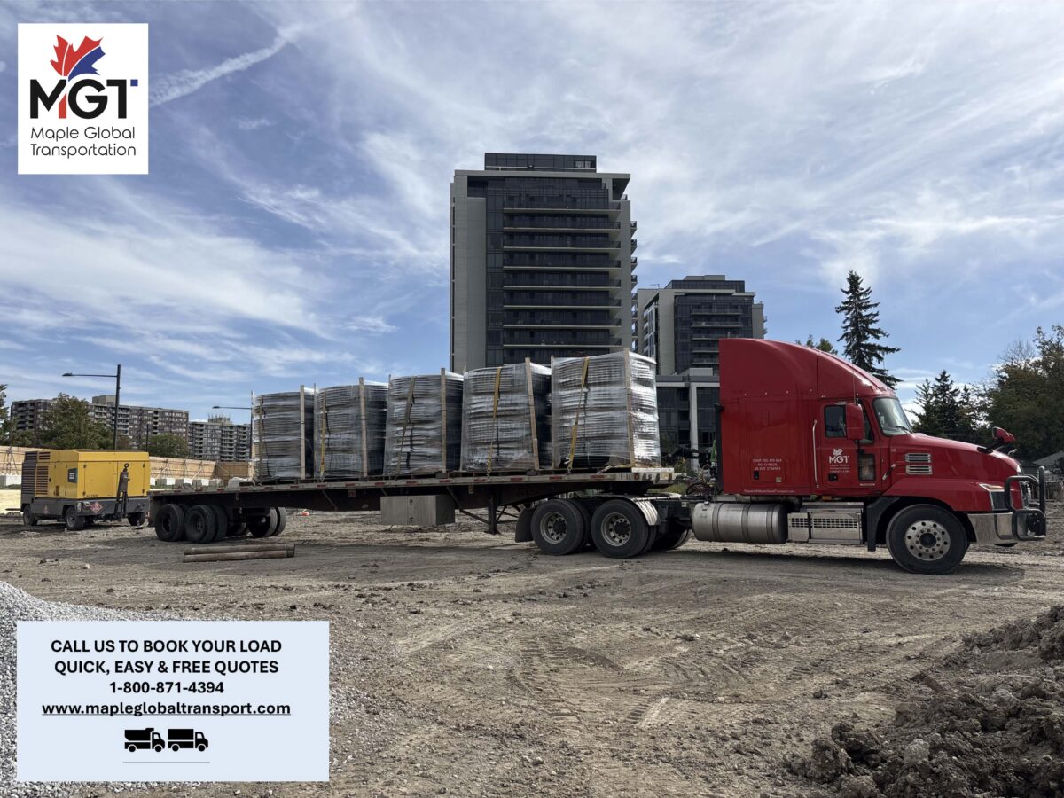 Maple Global Transport flatbed truck transporting freight in Ontario
