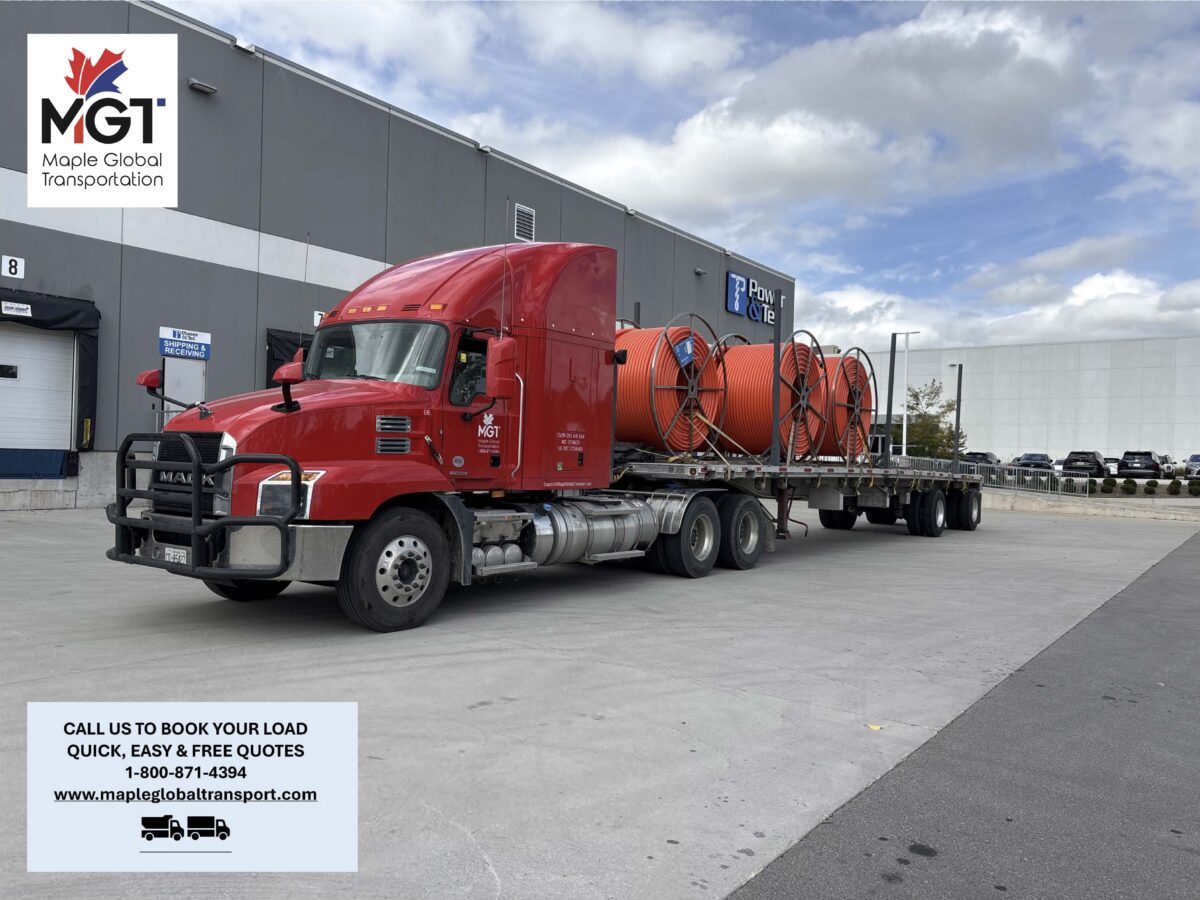 Maple Global Transport red truck hauling a flatbed load in Ontario